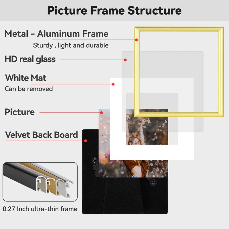 Fkvat 6x6 Picture Frame, Gold Aluminum Metal Square Photo Frame with HD Glass, Fits 5x5 with Mat or 6 x 6 without Mat, Display For Tabletop or Wall Collage, 1 Pack - Image 4